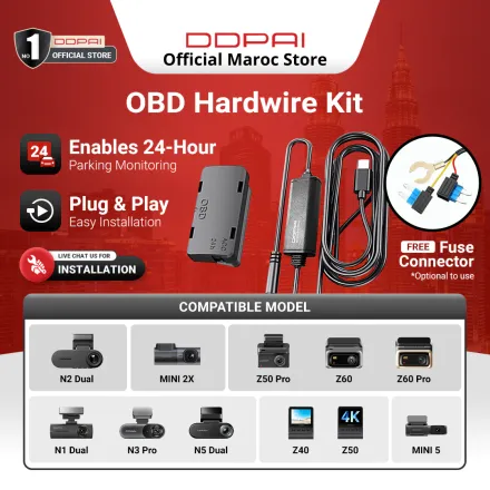 Ddpai Dashcam Hardwire Kit Obd – Alimentation Continue & Surveillance Parking 24/7 thumbnail 1