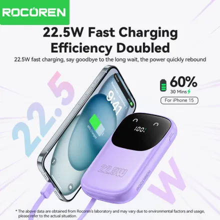 Rocoren Banque D’alimentation 22.5w 3 Câbles – Batterie Externe Rapide Pour Iphone Samsung thumbnail 3