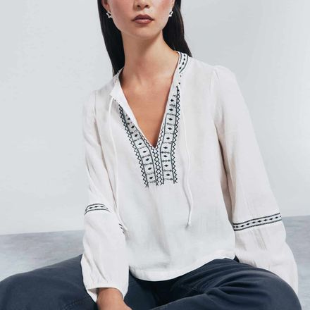 Blouse En Coton Brodé Blanc & Noir thumbnail 1