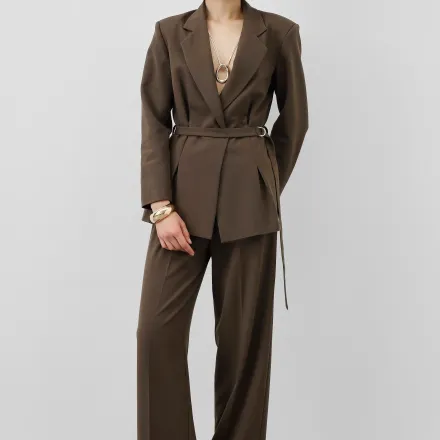 Ensemble Tailleur – Blazer Cintrée Ceinturée & Pantalon Fluide Taille Haute thumbnail 1