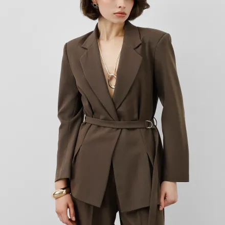 Ensemble Tailleur – Blazer Cintrée Ceinturée & Pantalon Fluide Taille Haute thumbnail 2