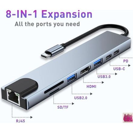 Hub Usb C 8-en-1, Adaptateur Usb C Vers 4k, Rj45 Ethernet, Pd 100w thumbnail 1