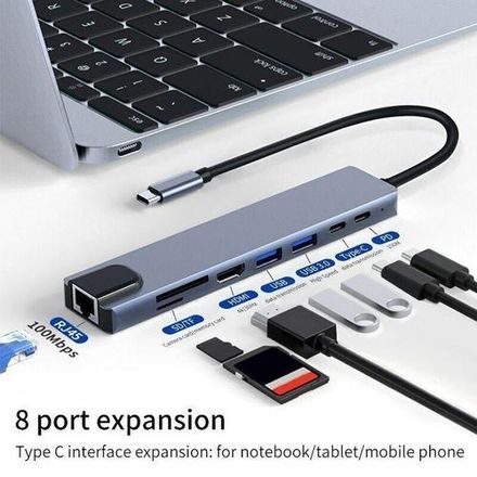 Hub Usb C 8-en-1, Adaptateur Usb C Vers 4k, Rj45 Ethernet, Pd 100w thumbnail 2