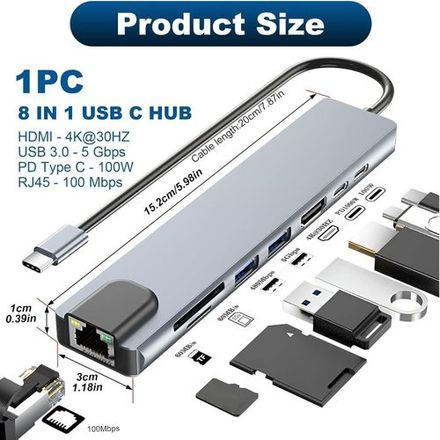 Hub Usb C 8-en-1, Adaptateur Usb C Vers 4k, Rj45 Ethernet, Pd 100w thumbnail 3