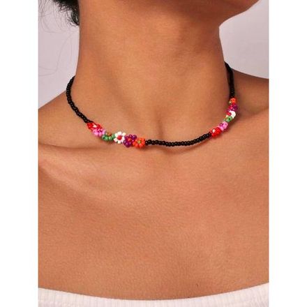 Collier Perle Noir Classique & Colorful Flower Beads thumbnail 2