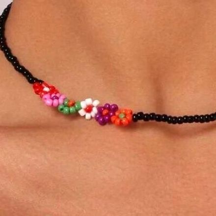 Collier Perle Noir Classique & Colorful Flower Beads thumbnail 3