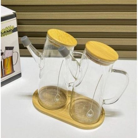 Ensemble De Bouteilles D’huile En Verre 2 En 1 Avec Support En Bois – Anti-goutte 350-400ml thumbnail 3