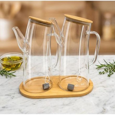 Ensemble De Bouteilles D’huile En Verre 2 En 1 Avec Support En Bois – Anti-goutte 350-400ml thumbnail 2
