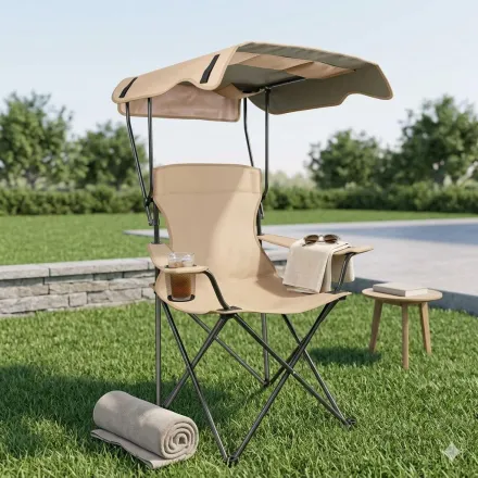 Chaise De Camping Pliante Avec Auvent Pare-soleil – Cadre Aluminium Et Porte-gobelet thumbnail 2