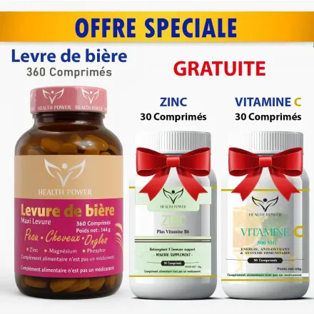 Pack Levure De Bière – Maxi Levure 360 Comprimés + Zinc 30 Comprimés Offert + Vitamine 30 Comprimés Offerte thumbnail 1