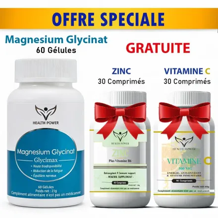 Pack Glycimax Magnésium Glycinate 60 Gélules 375 Mg + Zinc 30 Comprimés Offert + Vitamine C 30 Comprimés Offerte thumbnail 1