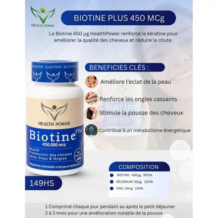 Pack Biotine Plus 450 000 Mcg 90 Comprimés + Zinc 30 Comprimés Offert + Vitamine C 30 Comprimés Offerte thumbnail 3