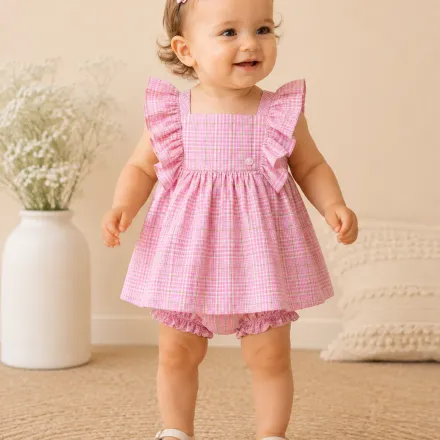 Ensemble Bébé Fille 2 Pièces – Robe À Carreaux Rose & Bloomer Assorti thumbnail 1