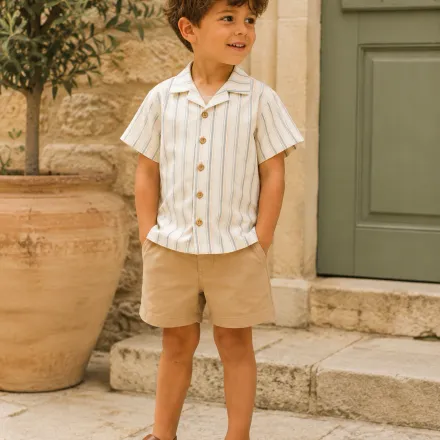Ensemble Garçon 2 Pièces – Chemise Rayée & Short Beige thumbnail 1