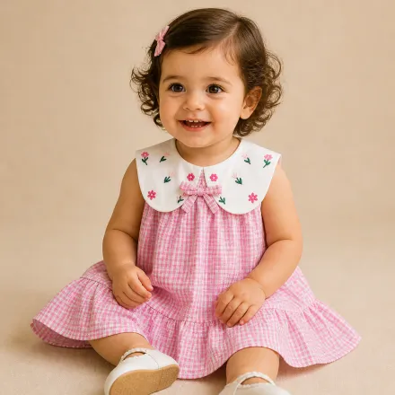 Robe Bébé Fille À Carreaux Roses Avec Col Brodé thumbnail 3