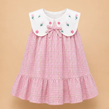 Robe Bébé Fille À Carreaux Roses Avec Col Brodé thumbnail 1