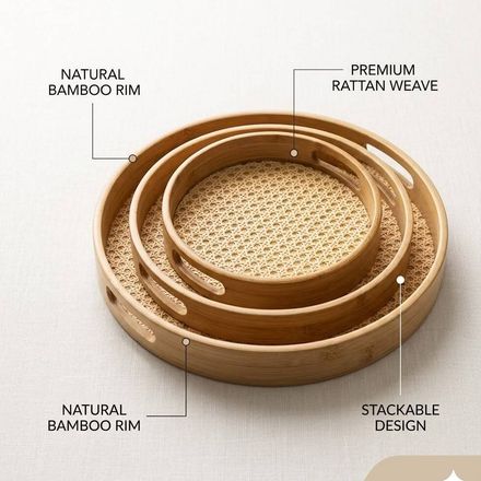 Lot De 3 Plateaux Rond En Bambou Naturel Et Rotin Tressé  thumbnail 2