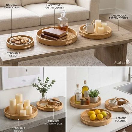 Lot De 3 Plateaux Rond En Bambou Naturel Et Rotin Tressé  thumbnail 3
