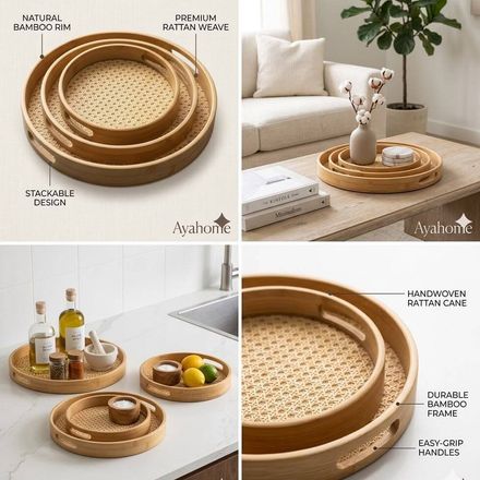 Lot De 3 Plateaux Rond En Bambou Naturel Et Rotin Tressé  thumbnail 4