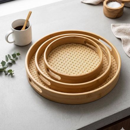 Lot De 3 Plateaux Rond En Bambou Naturel Et Rotin Tressé  thumbnail 1
