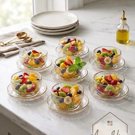 Set 12 Pièces – 6 Bols En Verre & 6 Soucoupes À Bordure Dorée – Design Texturé thumbnail 1