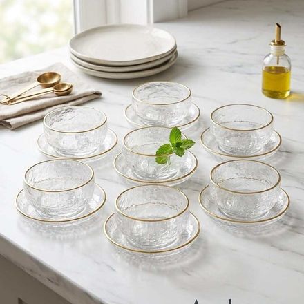 Set 12 Pièces – 6 Bols En Verre & 6 Soucoupes À Bordure Dorée – Design Texturé thumbnail 2