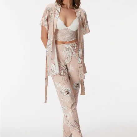 Ensemble De Pyjama 3 Pièces Fleuri – Kimono, Pantalon & Bralette En Viscose Stretch thumbnail 1