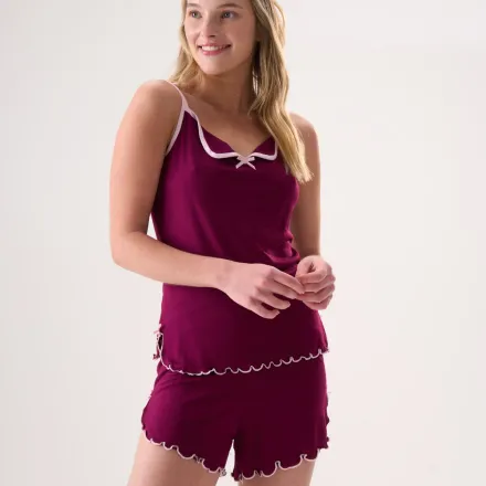 Ensemble De Pyjama Caraco & Short Bordeaux Finitions Rose thumbnail 2