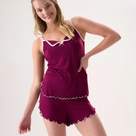 Ensemble De Pyjama Caraco & Short Bordeaux Finitions Rose thumbnail 3