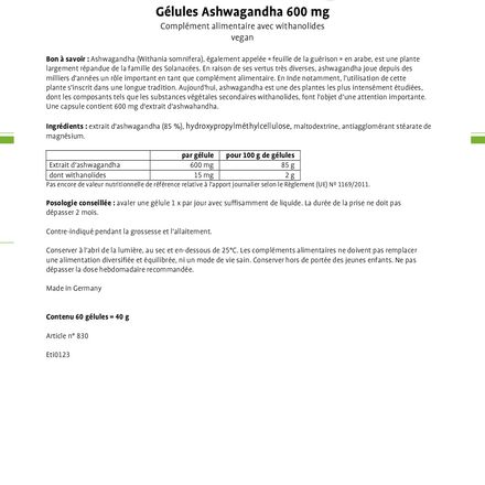 Ashwagandha 600 Mg Et 15 Mg De Withanolide Par Capsule thumbnail 2