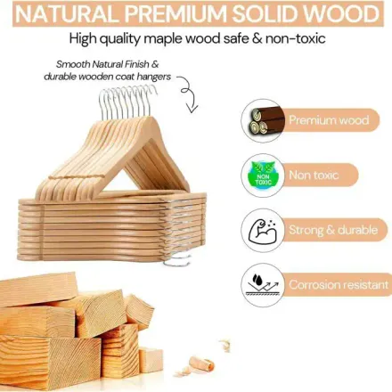 Lot De 120 Cintres En Bois De Dérable Avec Crochet Métallique – Marron thumbnail 2