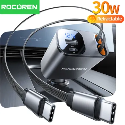 Chargeur Voiture Rétractable 4-en-1 Pd 30w Double Usb-c Intégré  thumbnail 2