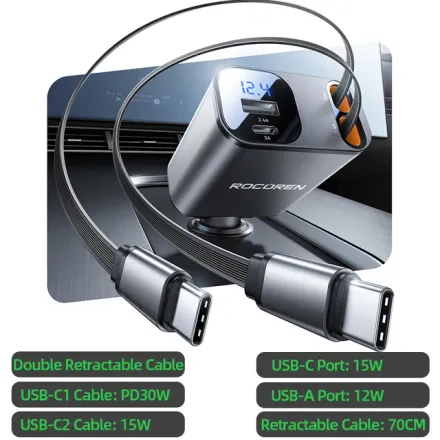 Chargeur Voiture Rétractable 4-en-1 Pd 30w Double Usb-c Intégré  thumbnail 1