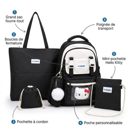 Ensemble 4 Pièces Sac À Dos Scolaire, Sac Cabas, Pochette Bandoulière Et Sac Pochon thumbnail 4