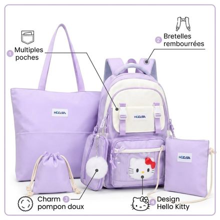 Ensemble 4 Pièces Sac À Dos Scolaire, Sac Cabas, Pochette Bandoulière Et Sac Pochon thumbnail 3