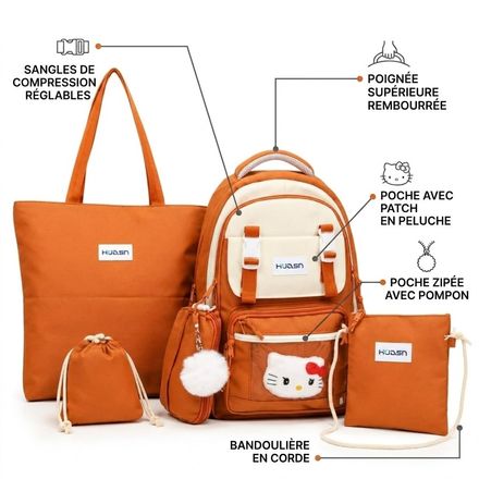 Ensemble 4 Pièces Sac À Dos Scolaire, Sac Cabas, Pochette Bandoulière Et Sac Pochon thumbnail 2