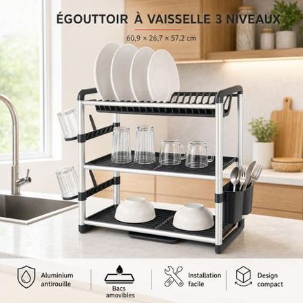 Égouttoir À Vaisselle 3 Niveaux En Aluminium Avec Bac D'égouttage Et Porte-couverts - Sem-7432 thumbnail 2