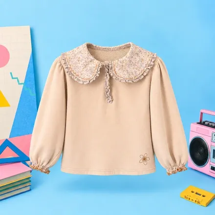 Ensemble Fille Salopette Marron Chocolat & Blouse Beige À Col Fleuri thumbnail 3
