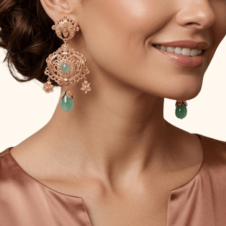 Boucles D'oreilles Pendantes En Or Rose 18 Carats Avec Pierres Vertes Naturelles thumbnail 3