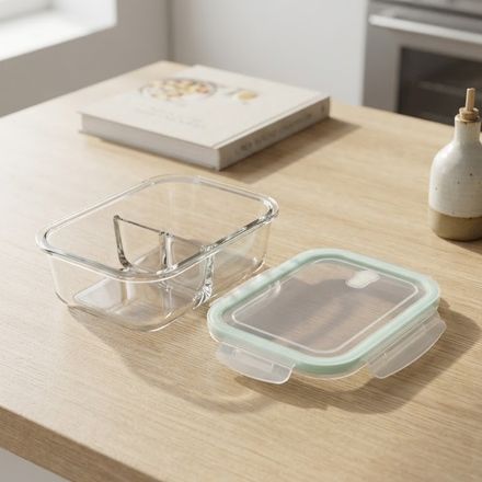 Boîte Repas En Verre Borosilicaté 1000 Ml – 3 Compartiments, Couvercle Hermétique Vert Menthe thumbnail 2