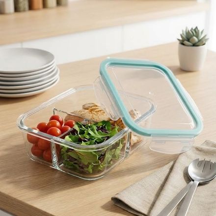 Boîte Repas En Verre Borosilicaté 1000 Ml – 3 Compartiments, Couvercle Hermétique Vert Menthe thumbnail 3