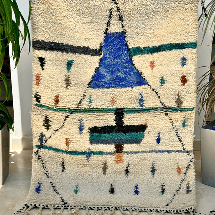 Tapis berbère Azilal crème, bleu 100% laine de mouton 150cm/105cm thumbnail 1