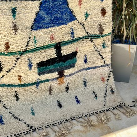 Tapis berbère Azilal crème, bleu 100% laine de mouton 150cm/105cm thumbnail 2