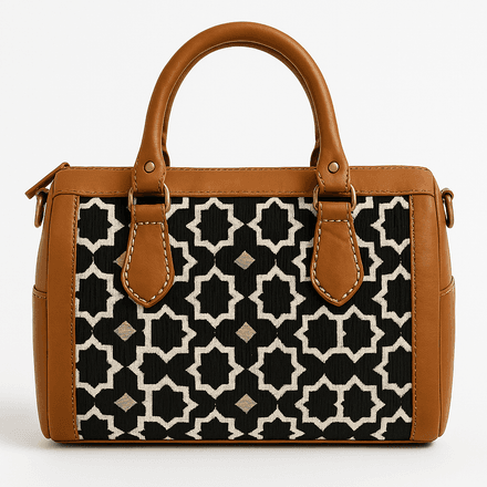Sac artisanal en cuir fauve avec motif marocain noir thumbnail 1