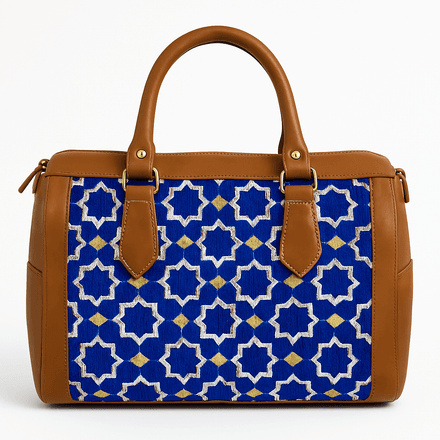 Sac en cuir de couleur havane avec motif marocain bleu thumbnail 1