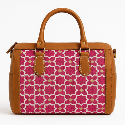 Sac en cuir tan avec motif marocain rose - Pièce unique faite à la main thumbnail 1
