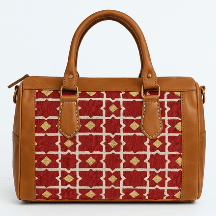 Tan sac à main en cuir marocain avec motif géométrique marocain rouge thumbnail 1