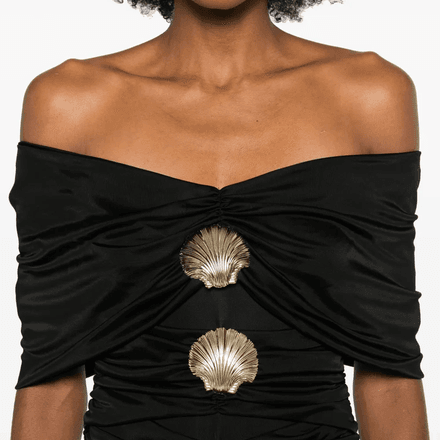 Draped mini dress in jersey with sea shell pin detailing thumbnail 2