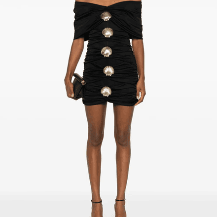 Draped mini dress in jersey with sea shell pin detailing thumbnail 3