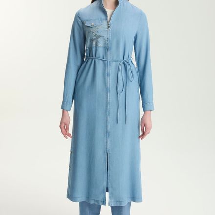 Zippered Belted Blue Dress thumbnail 1